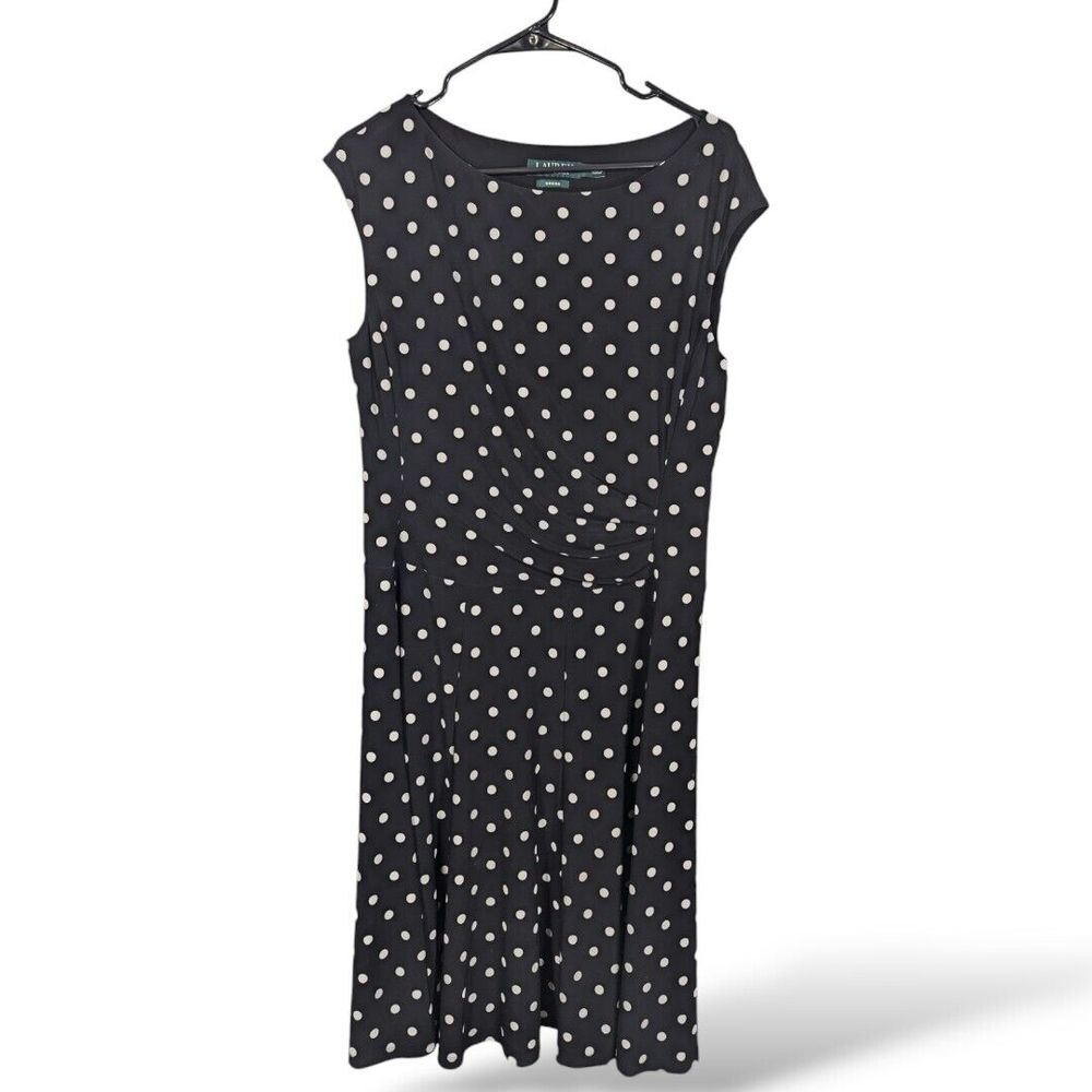 Lauren Ralph Lauren Dress 14 Black Polka Dot Sleeveless Side Ruched Mature‎